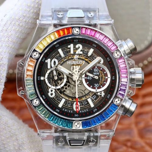 Hublot Big Bang Unico 411.JX.4802.RT Colorful Diamonds Bezel Skeleton Dial Replica Watch - UK Replica